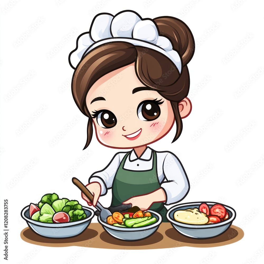 Cartoon woman in a green apron mixes ingredients in bowls on a table, for cooking Cartoon woman in a green apron mixes ingredients in bowls on a table, for cooking