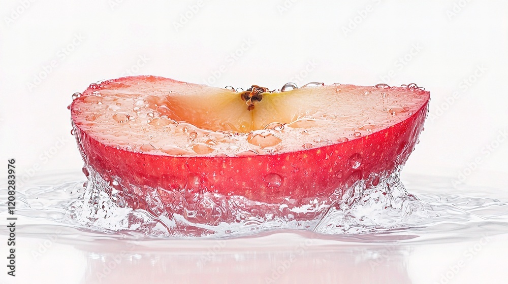 Fresh Red Apple Slice Half Submerged in Clear Water with Droplets Fresh Red Apple Slice Half Submerged in Clear Water with Droplets