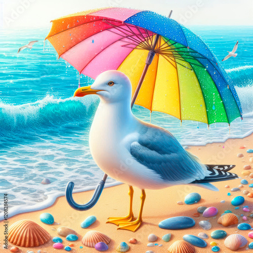 Seagull with a bright umbrella on the beach. photo