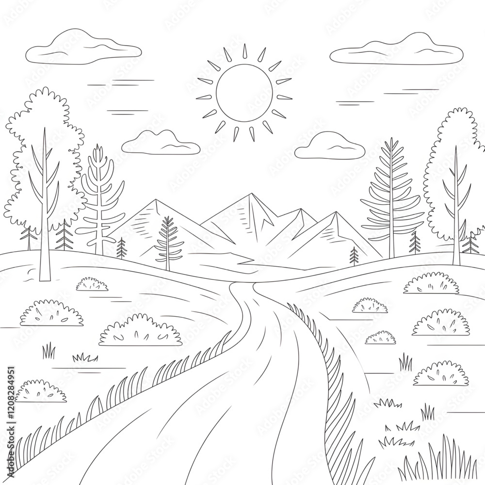Naklejka premium a line art illustration nature and Mountain coloring page 