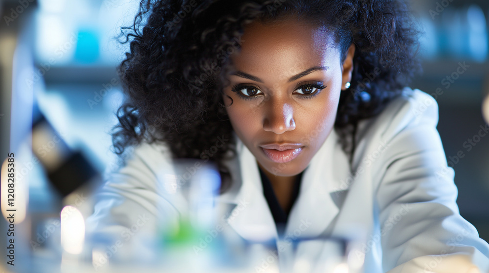 A female scientist in a lab coat focused on conducting an experiment in a clean, well-lit laboratory.