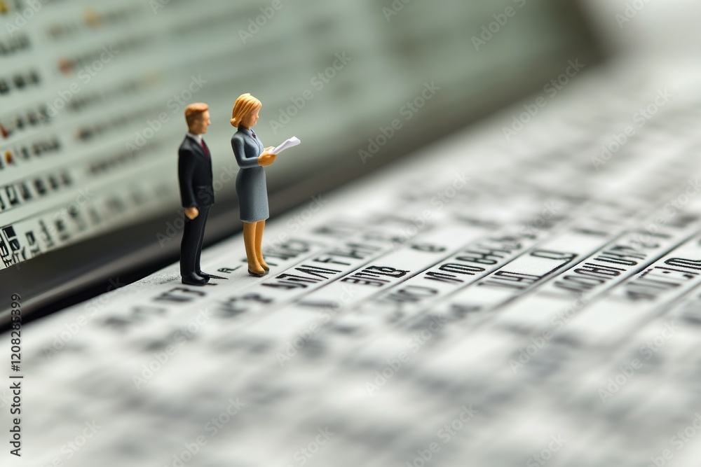 Miniature figures of businesspeople stand on a blurred financial document, symbolizing market analysis and investment strategies. Miniature figures of businesspeople stand on a blurred financial document, symbolizing market analysis and investment strategies.