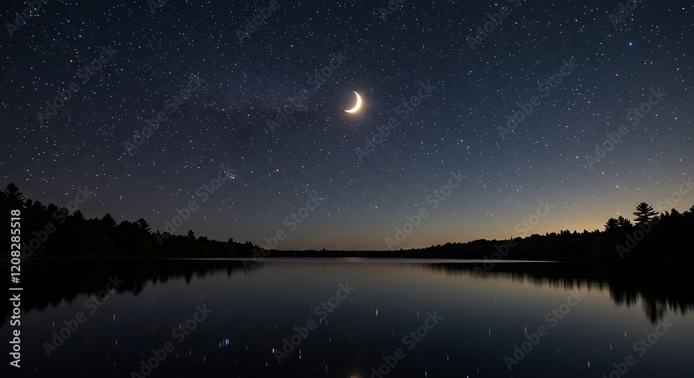 Fototapeta premium Serene tranquil dark night sky with a bright crescent moon and countless stars reflected perfectly in calm lake water, concept for nature photography, peaceful meditation and environmental awareness