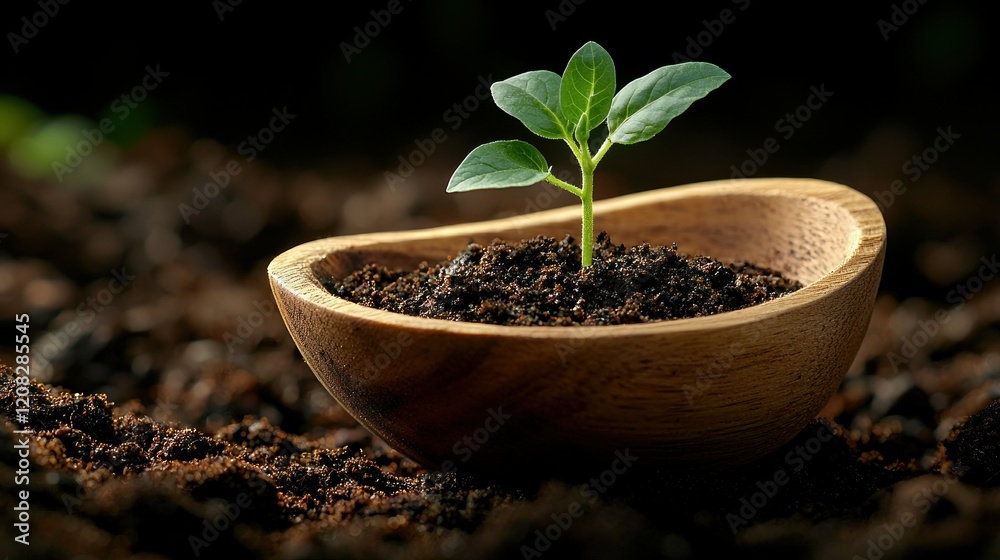 New Life Sprout: A Tiny Seedling in a Wooden Bowl New Life Sprout: A Tiny Seedling in a Wooden Bowl