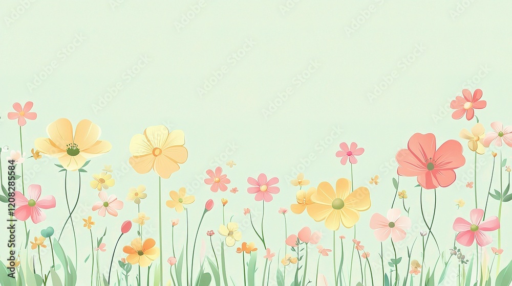 Seamless Flower Garden Vector Design on Mint Green Background Seamless Flower Garden Vector Design on Mint Green Background