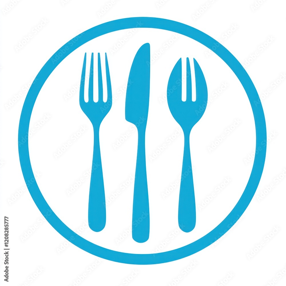 Utensils icon fork, knife, spoon in blue circle, menu image, food services Utensils icon fork, knife, spoon in blue circle, menu image, food services