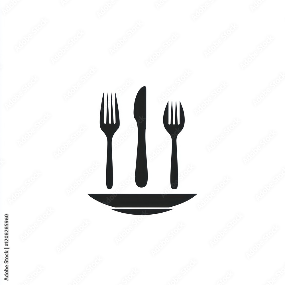 Silhouetted utensils on plate, centered on white. For a menu icon or culinary use Silhouetted utensils on plate, centered on white. For a menu icon or culinary use