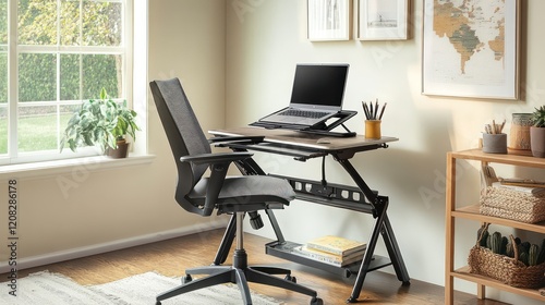 Modern Home Office Setup: Ergonomic desk with adjustable height, comfortable office chair, laptop, and plants create a productive and inviting workspace. Natural light streams from a large window. 