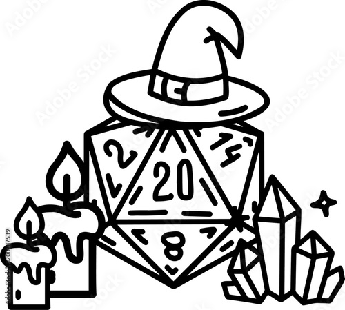 DND Dice Rpg board game character. Fantasy icosahedron wargame. 20-sided tabletop icon, cartoon style on white background