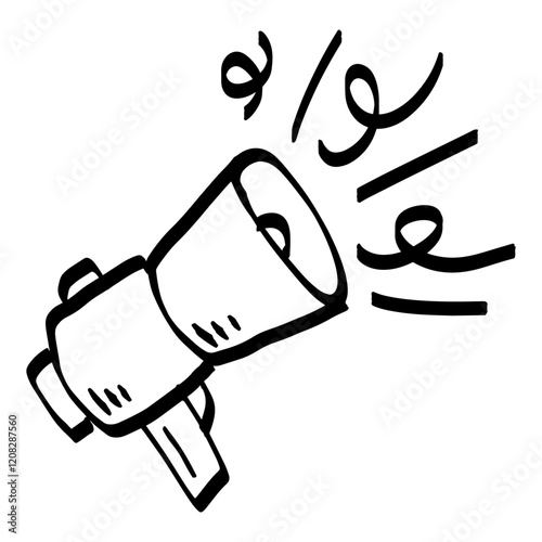 Loudspeaker doodle drawing. Emergency bullhorn speaker. Cartoon loud alert warning. Sketch media propaganda. Marketing megaphone announce or broadcast