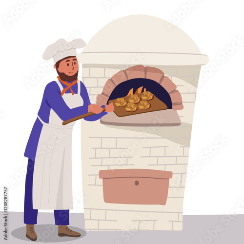 A male baker bakes buns in a brick oven in a flat vector illustration symbolizing baking, culinary art and traditional baking isolated on a white background