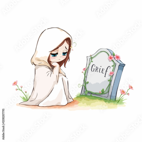 Anime Illustration of a Sad Character in Mourning: Whimsical Digital Art of a Young Girl's Journey Through Grief and Loss