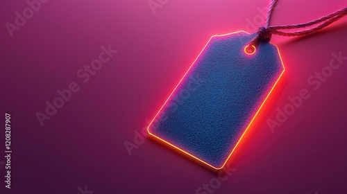Blank price tag with neon glow, isolated on pink background.