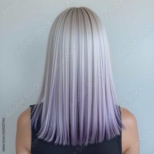 Woman hair color with Platinum blonde hair with cool purple undertones, styled in sleek, straight hair photo