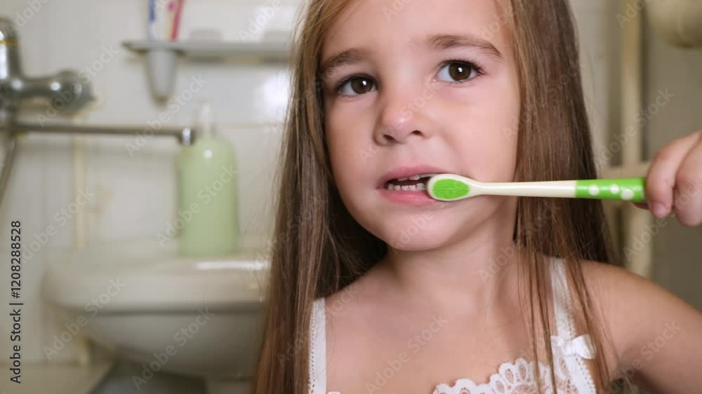 little girl brush her teeth in a bathroom little girl brush her teeth in a bathroom