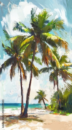 Oil painting of a sandy beach with tall palm trees and vibrant tropical colors under a sunny, clear sky, exuding serene coastal paradise vibes. Perfect for relaxing and exotic travel themes.