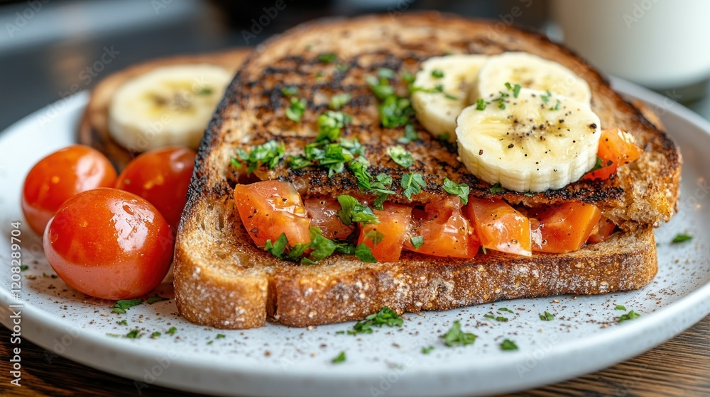 Delicious Grilled Toast with Tomato, Banana, and Herbs Delicious Grilled Toast with Tomato, Banana, and Herbs