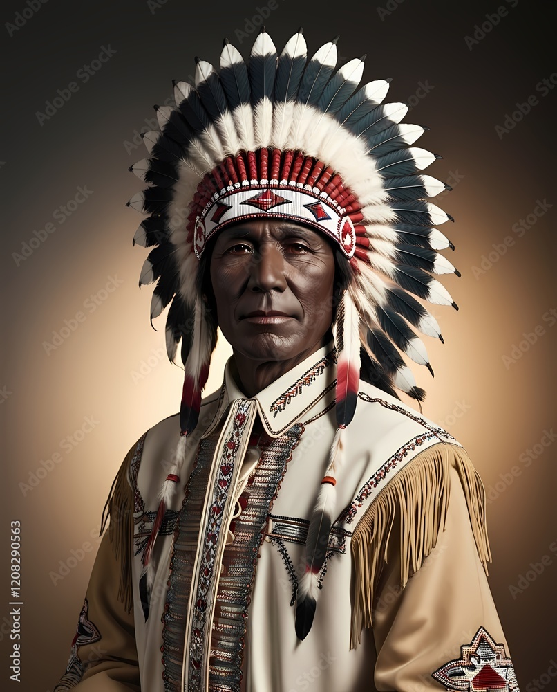 Obraz premium profile of a Native American tribal leader wearing traditional ceremonial clothing