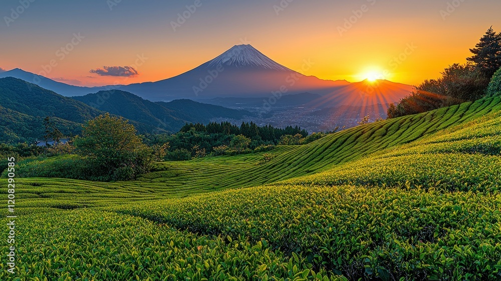 Fototapeta premium Mount Fuji Sunrise Over Tea Plantation