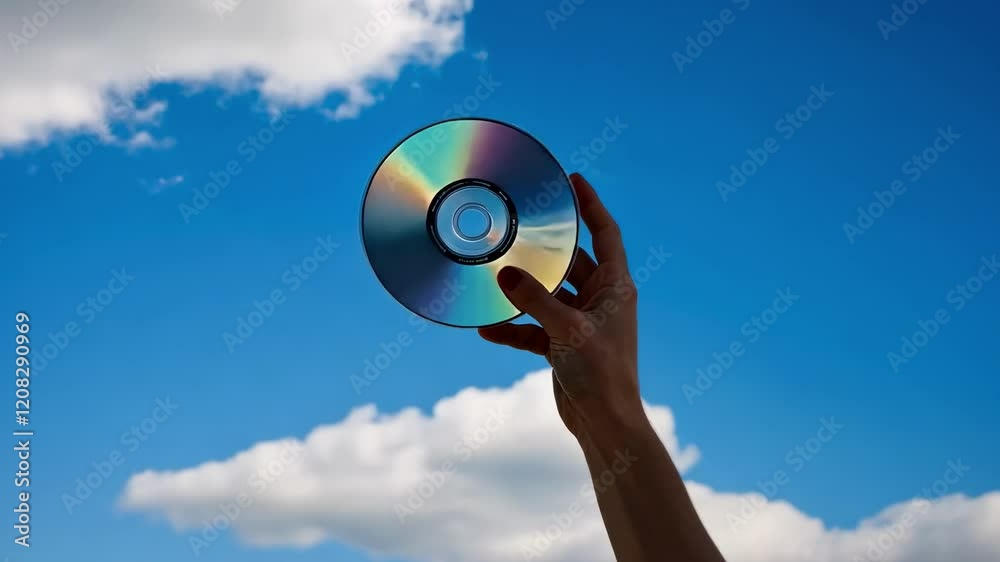 Hand holding reflective cd against bright blue sky and clouds, transitioning through different angles