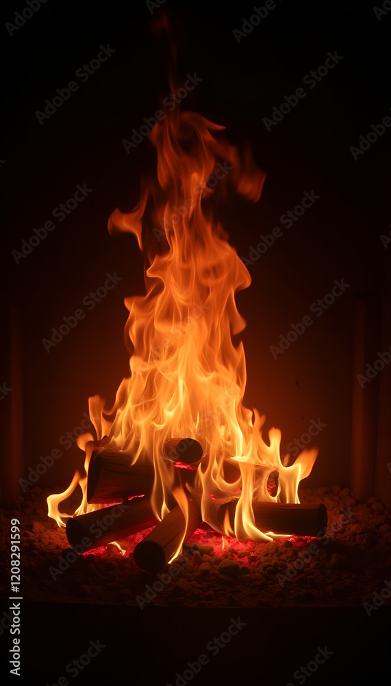 Naklejka premium Dancing flames of a fire with glowing logs in a dark setting for cozy atmosphere