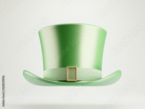 Green leprechaun hat with a gold buckle and ribbon, showcased in a floating position. Perfect for St. Patrick's Day themes.
 photo