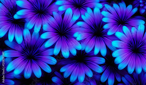 Modern neon blue purple abstract spring flowers  on black floral pattern background  texture web template fabric fashion decoration print design 
