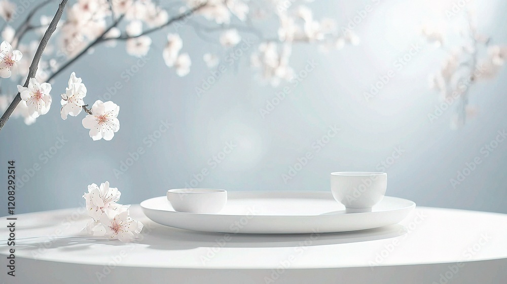 Elegant Table Display with Empty Plates and Blossoming Flowers Elegant Table Display with Empty Plates and Blossoming Flowers