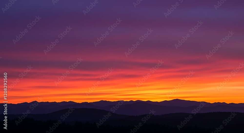 Fototapeta premium Vibrant colorful dramatic sky with streaks of orange and purple clouds over silhouetted rolling hills, concept for natural beauty, atmospheric backdrop and serene landscape photography