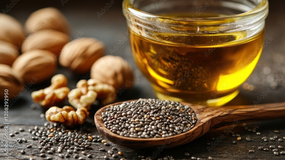 Chia seeds, walnut oil, wooden spoon, dark background, healthy food Chia seeds, walnut oil, wooden spoon, dark background, healthy food