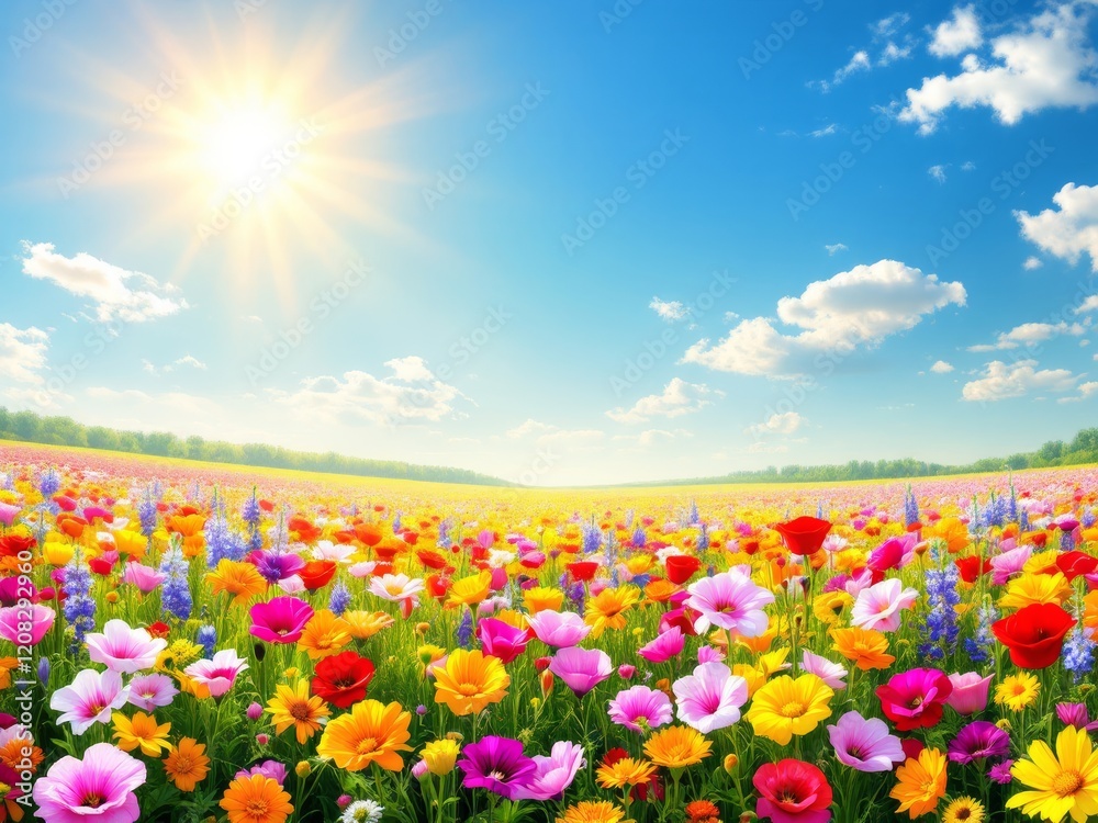 Obraz premium Wide shot of a vibrant field of wildflowers under a bright sunny sky with soft clouds