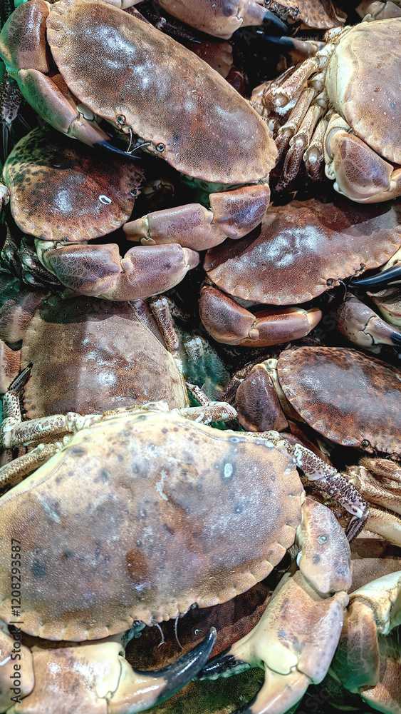 Showcase of fresh crabs on fish market, vertical background Showcase of fresh crabs on fish market, vertical background