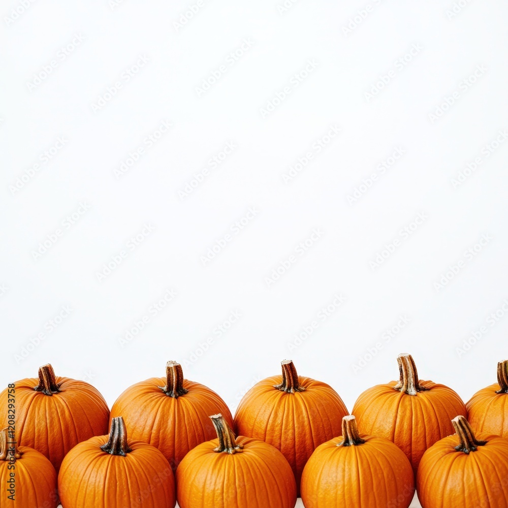 Obraz premium A row of bright orange pumpkins arranged neatly against a white background, showcasing minimalist seasonal charm. Perfect for festive autumn and rustic harvest themes.
