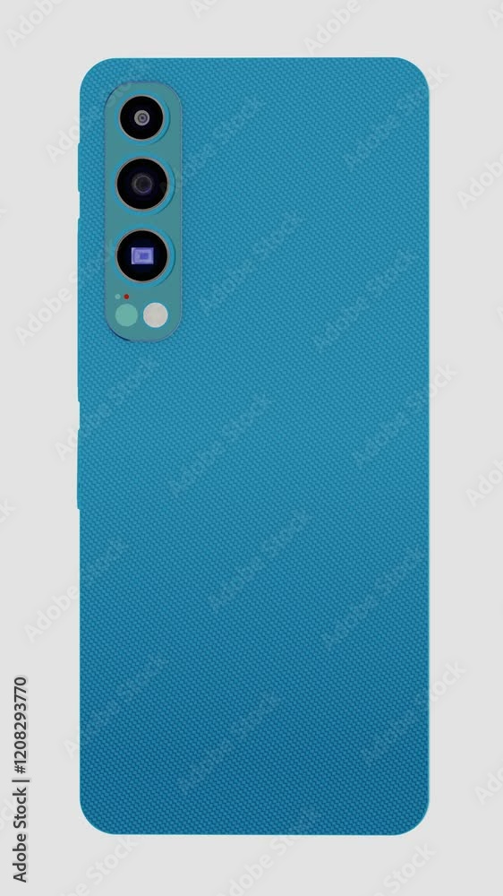Modern smartphone with three cameras with blue textured back cover rotating in seamless loop