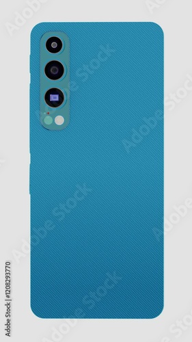 Modern smartphone with three cameras with blue textured back cover rotating in seamless loop