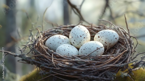 Speckled easter eggs in twig nest celebrating easter in sweden
