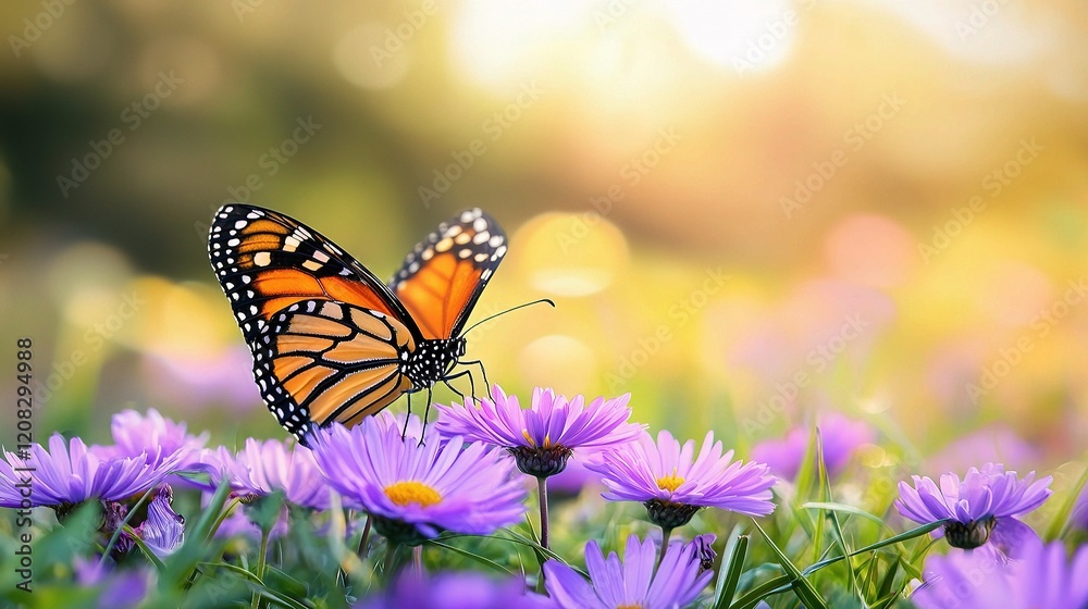 Obraz premium Monarch Butterfly on Aster Flowers: A vibrant monarch butterfly with its iconic orange and black wings rests gently on a bed of purple aster flowers, bathed in the warm glow of the sun.