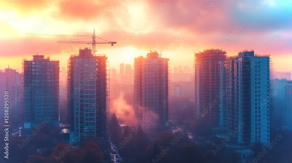 Fototapeta premium Active construction site showcasing high-rise buildings at sunset in a bustling urban area