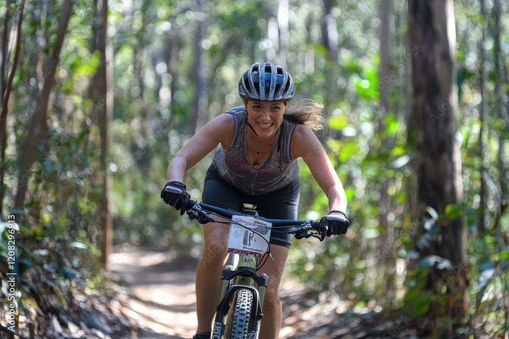 Fototapeta premium Smiling female mountain biker speeds through a sun-dappled forest trail.