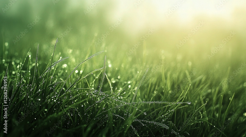 Obraz premium Fresh Green Grass on a Sunny Spring Day with Delicate Dewdrops