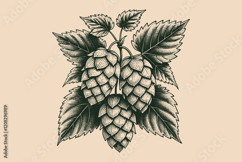 Vintage hop branch engraving, sketch vector illustration, isolated print