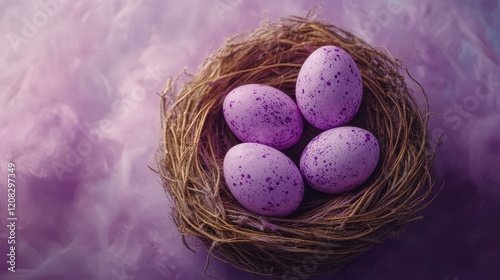 Easter eggs in decorative nest on purple background for spring celebration design