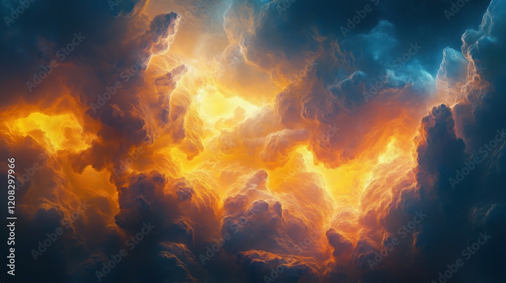 Fototapeta premium Dramatic cosmic gas clouds illuminated with warm orange and cool blue hues