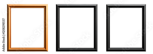 A collection of three picture frames in different styles: a warm wooden frame, a sleek black frame, and a minimalist empty frame, ideal for enhancing artwork presentation.