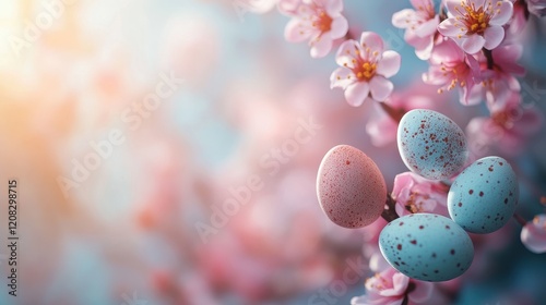 Ultra realistic easter background with colorful eggs and blossoms