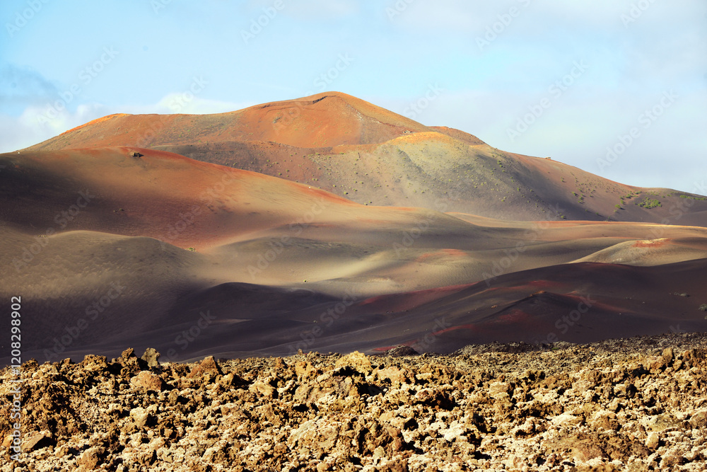 Volcano cones and lava cinder fields of Timanfaya National Park, Lanzarote, Canary Islands. North from LZ-67 Lava Road near Uga