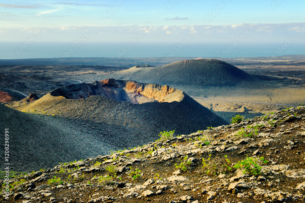 Volcano cones and lava fields. Timanfaya National Park, Lanzarote, Canary Islands. North from Camino Pista Rural de los Valcenes