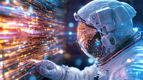 Fototapeta Naklejka Na Ścianę i Meble -  Astronaut engages with encrypted log files aboard a futuristic spacecraft in outer space