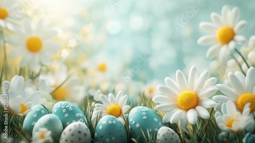 Ultra realistic easter floral background with daisies and easter eggs