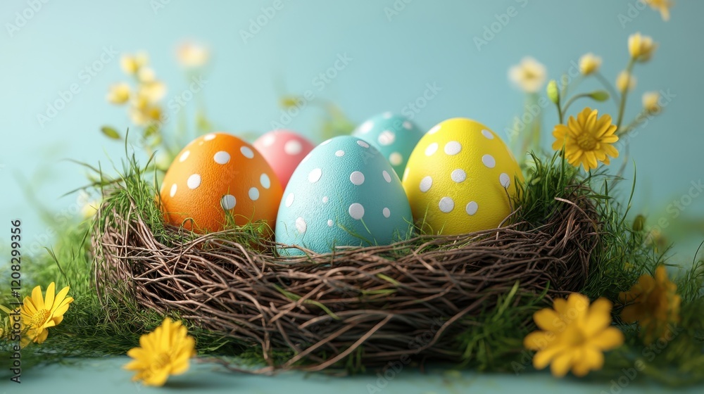 Easter celebration still life with colorful polka dot eggs in a nest surrounded by spring flowers Easter celebration still life with colorful polka dot eggs in a nest surrounded by spring flowers